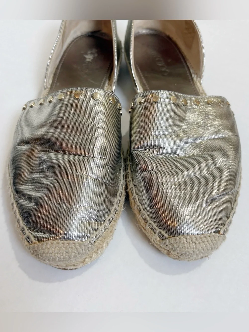 Jimmy Choo Dreya Gold Metallic Lame Espadrille Flats Size 39.5 US 9.5 Studded